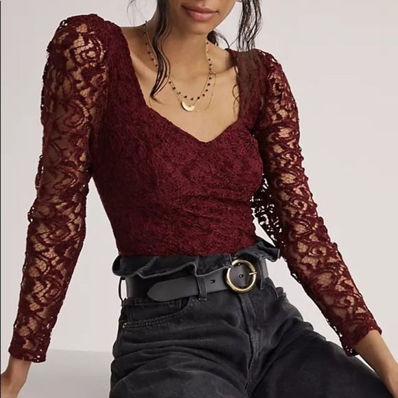 ANTHROPOLOGIE Wine Red Sweetheart Lace Top - Size Small - Picture 1 of 12